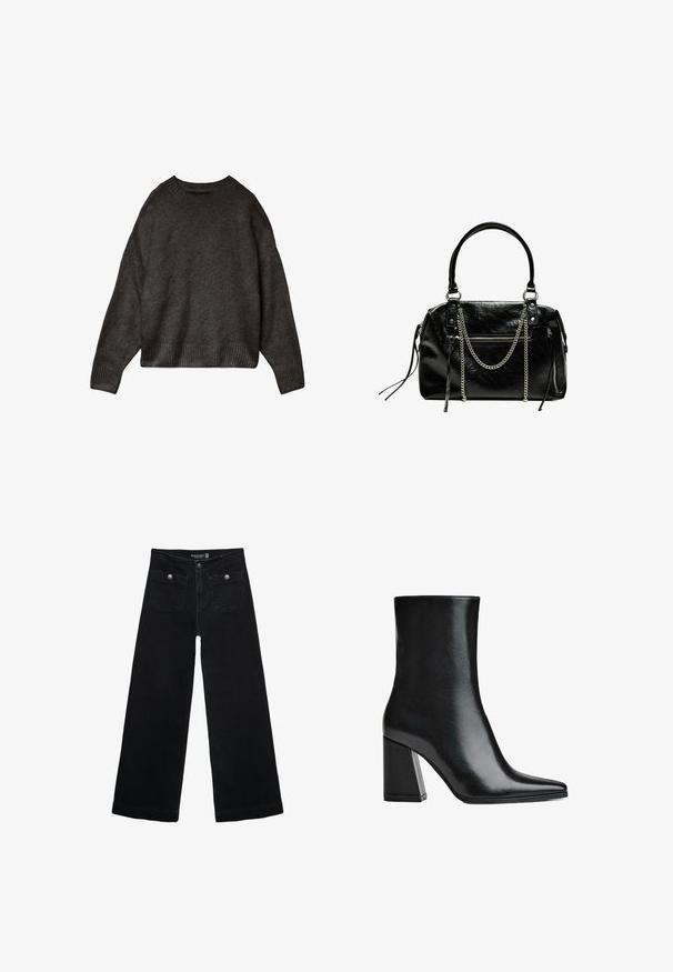 Ciemnoszary sweter, wykonany z miękkiego materiału, z okrągłym dekoltem, opadłymi ramionami oraz ściągaczami u dołu i na mankietach. Prosty design, bez wzorów.; Czarne, szerokie dżinsy z wysokim stanem, z dwoma przednimi kieszeniami i metalowymi guzikami. Tkanina ma gładką fakturę.; Czarne skórzane botki za kostkę z wydłużonym noskiem i wysokim blokowym obcasem. Gładka faktura z elegancką sylwetką i solidną konstrukcją podstawy.; Bershka - Torebka