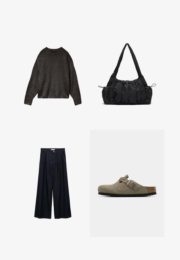 Ciemnoszary sweter, wykonany z miękkiego materiału, z okrągłym dekoltem, opadłymi ramionami oraz ściągaczami u dołu i na mankietach. Prosty design, bez wzorów.; Ciemnoniebieskie spodnie o szerokich nogawkach z wysokim stanem, z zamknięciem na guzik z przodu, dwoma bocznymi kieszeniami oraz detalami w szwach.; Zamszowe klapki w jasnym oliwkowym kolorze z formowaną korkową i gumową podeszwą. Posiadają boczny pasek z metalowym sprzączką oraz zaokrąglony czubek.; Czarna torebka z tkaniny z marszczoną fakturą, z dwoma ramiączkami i sznurkiem do ściągania po bokach. Gładki, lekki materiał.