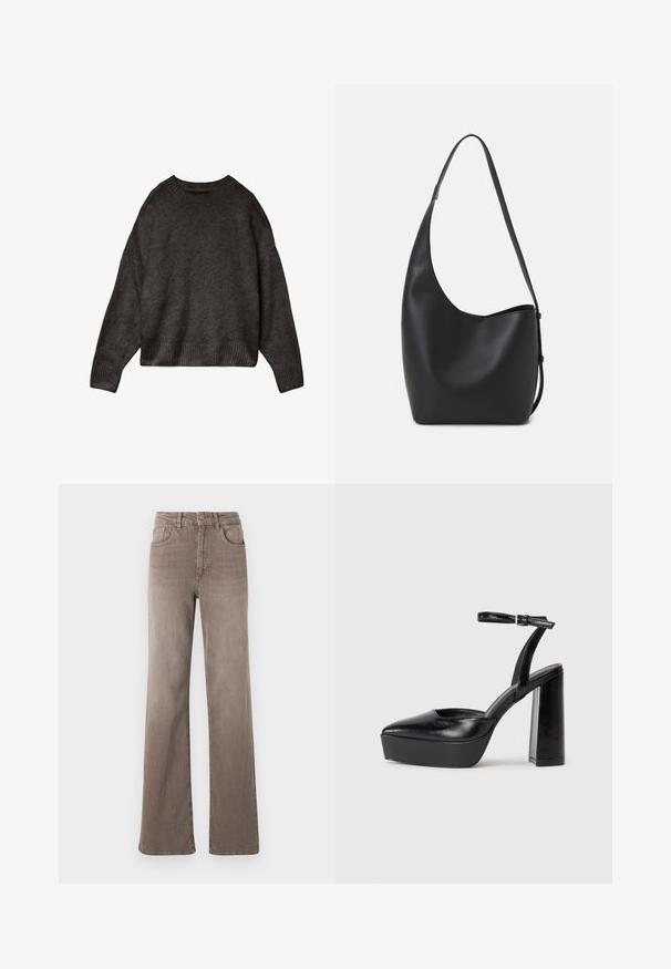 Sweater cinza escuro, feito de um tecido macio, com gola redonda, ombros caídos e bainha e punhos canelados. Design simples, sem padrões.; Jeans castanhos de cintura alta, de perna reta, com botão frontal, passantes para cinto e design clássico de cinco bolsos em fundo branco.; Saltos altos pretos com bico fino e atilho ajustável no tornozelo. Confeccionados em couro suave, apresentam um salto bloco robusto.; Saco hobo preto em pele com uma textura lisa, forma curva e uma única alça ajustável; apresenta uma abertura larga na parte de cima.
