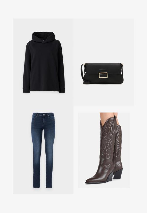 Hanorac negru cu glugă, fabricat dintr-un material moale, având o croială relaxată, manșoane cu nervuri și o ETUI pentru mâini. Design simplu și clasic.; Top alb fără mâneci, confecționat din material ribbed, prezentând un decolteu rotund și o siluetă ajustată, cu cusături minime și fără ornamente.; Jeans skinny de culoare albastru închis, din denim, cu un design clasic cu cinci buzunare, sistem de prindere cu nasture și decolorare subtilă pe coapse.; Bocanci de cowboy din piele maro, cu vârf ascuțit și toc pătrat, având cusături detaliate și accente ridicate pe tijă.; Geantă de mână din piele neagră, cu clapetă și un detaliu din metal auriu. Include o curea neagră și un design elegant, minimalist.; Cercei din argint cu un design torsadat, având un finisaj lucios și închidere cu tijă. Au un diametru de aproximativ 3 cm.