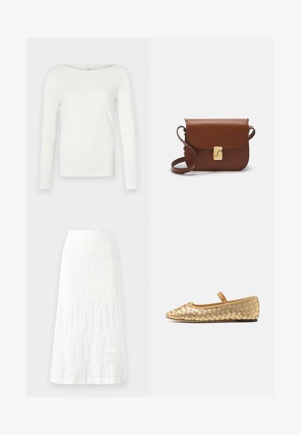 White long-sleeve ribbed top with a wide boat neckline, featuring a fitted silhouette and soft fabric texture. No notable accents or patterns.; Knit white midi skirt featuring a textured pattern with vertical lines and cut-out details near the hem. Elastic waistband. Soft material.; Loeffler Randall LEONIE SOFT BALLET FLAT - Ankle strap ballet pumps - gold; Brown leather handbag with a flap closure, gold-tone hardware, a shoulder strap, and a smooth texture. Compact rectangular shape.