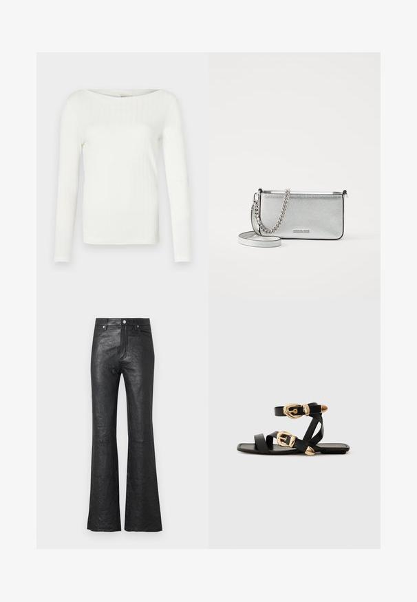 Bílý dlouhý rukáv žebrový top s širokým výstřihem do lodi, s přiléhavým střihem a jemnou texturou látky. Žádné význačné akcenty nebo vzory.; Černé kožené široké kalhoty s mačkanou texturou, vysokým pasem, předními kapsami a klasickým uzávěrem na knoflík se zipem.; Černé kožené sandály s pozlacenými přezkami, s vícero popruhy a plochou podrážkou pro nošení s otevřenou špičkou.; Stříbrná kožená kabelka přes rameno s texturovaným povrchem, akcenty z řetízku a popruhu a uzavíráním na zip. Na přední straně má logo.