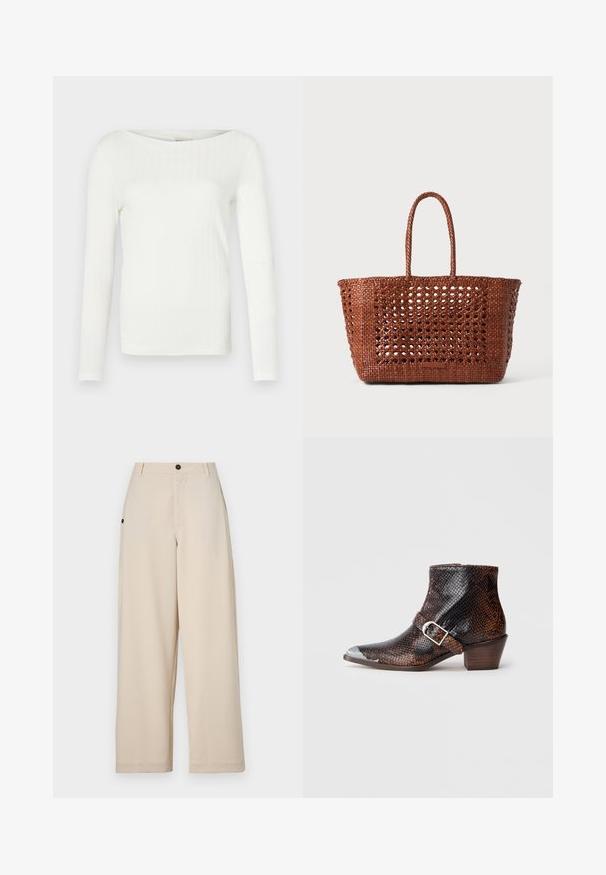 Bjela dugačka majica s dugim rukavima, rebraste teksture, s širokim izrezom na ramenima, u uskom kroju i mekanom teksturi tkanine. Nema značajnih ukrasa ili uzoraka.; Bež široke hlače izrađene od mekog materijala, s prednjim kopčanjem na dugme, bočnim džepovima i opuštenim krojem.; Crne i smeđe čizme do članaka s uzorkom zmije, s srebrnim čeljustim poklopcem, akcentom kopče i niskim drvenim potplatom. Glatka tekstura, pripijen dizajn.; Tkanjena smeđa torba s otvorenim uzorkom, pravokutnog oblika i s dva pletena ručka. Ima čvrstu osnovu za potporu.
