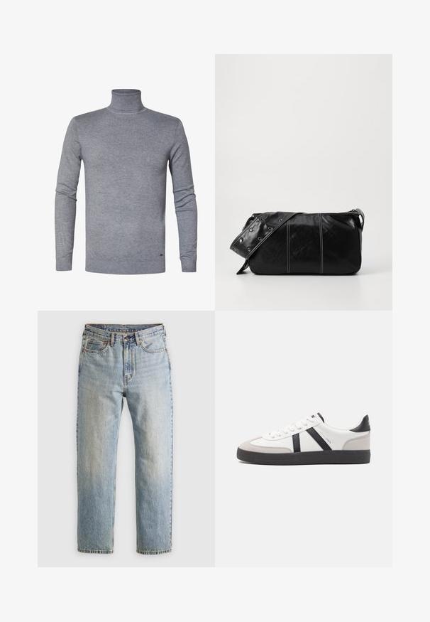 Sudadera de cuello alto gris en tejido de punto suave, con mangas largas y puños y dobladillo acanalados. Color sólido y sencillo, sin patrones ni acentos.; Jeans de mezclilla azul claro de cintura alta, con botón frontal, cremallera y diseño de cinco bolsillos, dispuestos sobre un fondo neutro.; Zapatilla blanca con acentos en negro y gris, que presenta una puntera texturizada en gris, suela de goma negra y cordones planos blancos. Diseño limpio, estilo minimalista.; Bolso de hombro de cuero negro con cierre de cremallera, que presenta un cuerpo texturizado, costuras blancas y una correa con ojales plateados.
