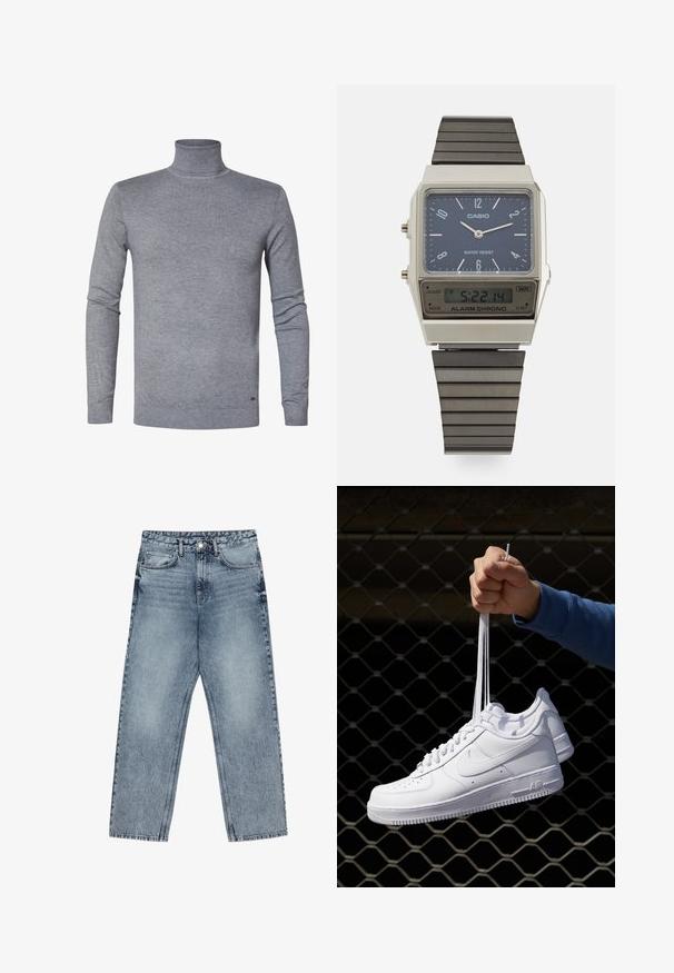 Grijze coltrui van zachte brei stof, met lange mouwen en geribbelde manchetten en zoom. Eenvoudige, effen kleur zonder patronen of accenten.; Lichtblauwe denim jeans met een rechte pijp, zichtbare stiksels, vijf zakken en een knoopsluiting in de taille.; Witte leren sneakers met perforaties, ronde neus, vlakke zool en dikke veters, met een zichtbare swoosh-logo en "AIR" op de hiel.; Casio digitale watch met een blauwe wijzerplaat, zilveren kast en gelaagde zwarte rubberen band. Toont de tijd en alarminstellingen. Waterbestendig.