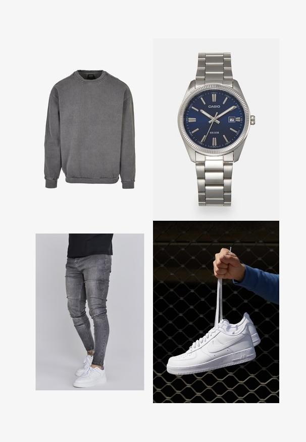 Gray sweatshirt in a soft, textured fabric. Features a crew neckline, long sleeves, and ribbed cuffs and hem. Minimal design with no patterns.; Skinny jeans in faded gray denim, featuring distressed details at the knees, paired with white sneakers. Smooth texture, slim fit design.; White leather sneakers with perforations, round toe, flat sole, and thick laces, featuring a visible swoosh logo and "AIR" on the heel.; Silver stainless steel wristwatch with a navy blue dial, metallic hour markers, and a date window at 3 o'clock. Water-resistant to 50 meters.