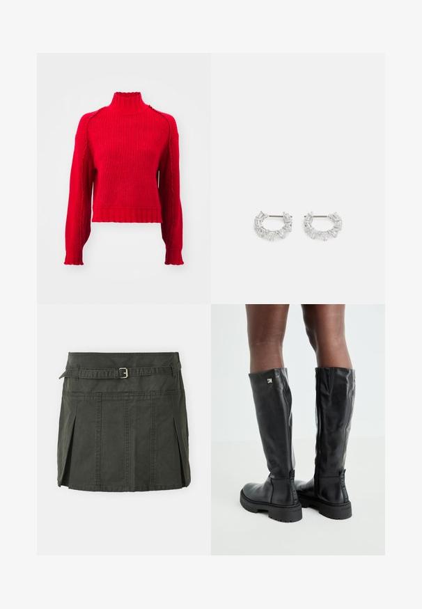 Vero Moda VMMARIE HIGHNECK - Maglione - salsa; Gonna mini in cotone verde scuro, con vita aderente, una cintura e pieghe frontali. Presenta dettagli di cucitura e un taglio classico.; Stivali in pelle nera al ginocchio con texture liscia, punta arrotondata, suola spessa e chiusura con zip. Presenta un logo argentato sul lato.; Orecchini a cerchio in argento con cristalli trasparenti, rettangolari e triangolari disposti in un design a motivi. presenza di perni per un fissaggio sicuro.