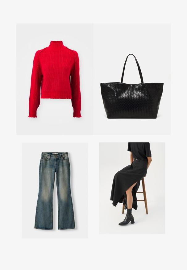 Vero Moda VMMARIE HIGHNECK - Strickpullover - salsa; Blaue Schlagjeans mit einem ausgewaschenen Look, fünf Taschen und einem Knopfverschluss. Das Material zeigt eine Denim-Textur mit dezenten Stickdetails.; Schwarzer Leinen-Maxi-Rock mit hohem Schlitz, getragen mit einem schwarzen T-Shirt und schwarzen Knöchelstiefeln. Minimalistisches Design mit lockerer Passform.; Schwarze geflochtene Tragetasche mit zwei stabilen Griffen, die eine glänzende Textur und ein geräumiges offenes Design bietet.