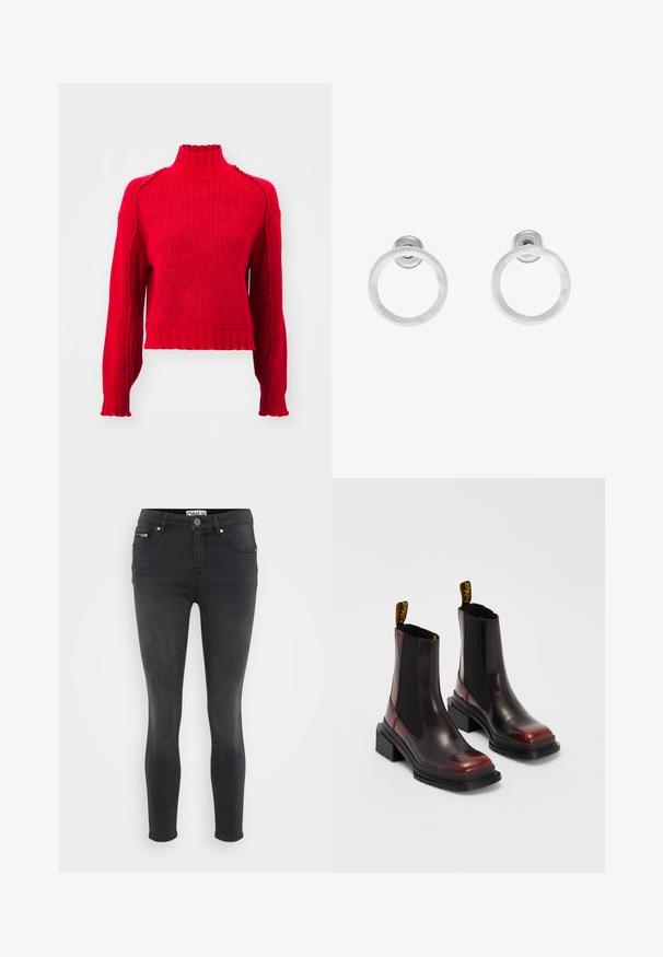 Vero Moda VMMARIE HIGHNECK - Strickpullover - salsa; Schwarze, enge Jeans aus Denim. Verfügt über einen Knopfverschluss vorne und eine Reißverschlusstasche an der Taille. Glatte Textur mit minimaler Ausbleichung.; Dr. Martens MAYBOLE CHELSEA - Plateaustiefelette - black/cherry red; Silberne Metall-Hoops Ohrringe mit gebürsteter Oberfläche, die ein kreisförmiges Design aufweisen und mit einem klaren Steckverschluss für einen sicheren Halt ausgestattet sind.