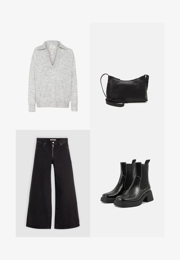 Šviesiai pilka v-kaklo megztinis su apykakle. Minkšta, tekstūruota medžiaga. Ilgos rankovės, suspausta apatinė dalis. Subtilus raštas per visą audinį.; Plačios kojų džinsai iš juodo džinsinio audinio su užtrauktuku priekyje, penkių kišenių dizainu ir subtiliais siuvinėjimo akcentais. Lygus paviršius ir laisvalaikio stilius.; Juodos odinės Chelsea botai su storiu kulnu, elastinėmis šoninėmis panelėmis ir kontrastinga balta siūle. Tekstūruota apdaila.; Juodas odinis petinis krepšys su lygiu paviršiumi, išlenkta forma, reguliuojama dirželiu ir užtrauktuku. Minimalistinis dizainas be puošmenų.