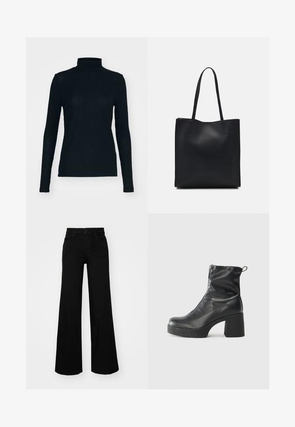 Črn dolg rokav turtleneck top iz rebrastega materiala, ki se ponaša z oblikovanim krojem in visokim ovratnikom. Gladka tekstura z diskretno lesk.; Črne široke denim hlače s strukturiranim pasom, z zankami za pas in sprednjimi žepi. Gladka tekstura s klasičnim dizajnom.; Črne gležnjarje iz gladke kože z božnim zadrgo, masivnim teksturiranim peto in zaobljeno obliko prstov.; Črna usnjena torba s svilnato teksturo, pravokotne oblike in dvema dolgima ročajema. Brez vidnih metalnih delov ali okrasnih elementov.
