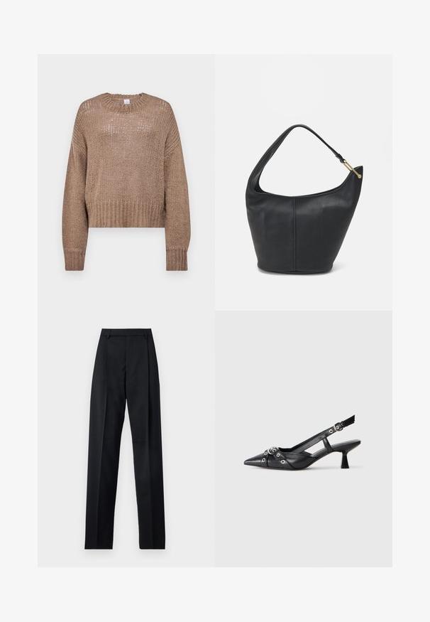 Beežist kootud sviiter, millel on lahtine, lühendatud lõige, ümmargune kaelus ja tekstuuriline disain. Omab pikki varrukaid ja ribatud soonikuid.; Mustad püksid siledast kangast, millel on kõrge vöökoht, laiad jalad, esimesed kortsud ja klassikalised vööloopid. Küljepockets pole nähtavad.; Must must have must toote tõmblukuga, dekoratiivsed rihmad metallist silmadega ja madal blokk-kand. Tekstureeritud pind.; Musthave musta nahast käekott ümarate servadega, laia rihmaga ja tekstureeritud pinnaga. Omab peenelt õmblust detailina ning kullatooni aksessuaare.