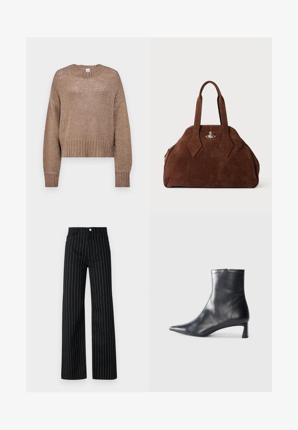 Beige knitted sweater with a loose, cropped fit, round neckline, and textured design. Features long sleeves and ribbed cuffs.; Black wide-leg trousers with vertical blue pinstripes, featuring a classic five-pocket design and a front button closure.; Black leather ankle boot with a pointed toe and a sleek design. Features a low heel and a zipper closure at the back. Smooth texture.; Brown suede handbag with a structured shape, rounded body, and elongated diamond-shaped handles. Features a silver hardware closure.