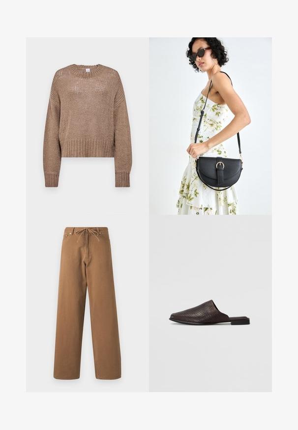 Beige gestrickter Pullover mit lockerem, cropped Schnitt, rundem Ausschnitt und strukturiertem Design. Verfügt über lange Ärmel und gerippte Bündchen.; Braune weit geschnittene Hosen aus Baumwolle, mit einem Kordelzugbund und zwei Fronttaschen. Strukturiertes Gewebe mit glatter Oberfläche.; Schwarze Slipper-Mule aus strukturiertem Material mit einem Reptilienmuster, ausgestattet mit einem niedrigen, flachen Absatz und einem abgerundeten, offenen Zehendesign.; Schwarze Lederhandtasche mit geschwungener Form, abnehmbarem Tragegurt und goldenen Beschlägen. Die Tasche verfügt über einen Deckel mit einer Schnallen-Details.