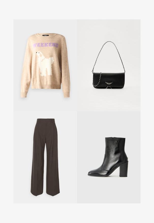 Beige striktrøje med et hvidt hundemotiv og "WEEKEND" i lilla. Rund halsudskæring og ribbede manchetter med en blød tekstur.; Mørkebrune brede bukser med høj talje, der har pænt pressede folder, glat overflade og en skræddersyet pasform.; Sorte læder ankelstøvler med en glat overflade, spids tå og en chunky høj hæl. Har en sidelukning og minimalistisk design.; Sort læderhåndtaske med en sølv kædestrop, der har dekorative vingedetaljer og hvid syning langs bunden.