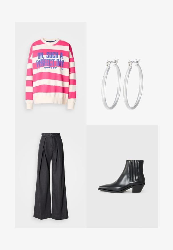 Pink and white striped sweatshirt with a round neck, long sleeves, and blue text reading "OH, SUCH A PERFECT DAY." Soft cotton material.; Wide-leg black denim trousers with a high waist, featuring front pleats and a classic zip closure. Crisp, smooth texture with a clean finish.; Black leather ankle boot with pointed toe, elastic side panels with vertical grooves, and a low block heel. Smooth texture and sleek design.; Silver hoop earrings with a smooth, polished finish. Round shape and secure click-top closure. Lightweight design suitable for everyday wear.