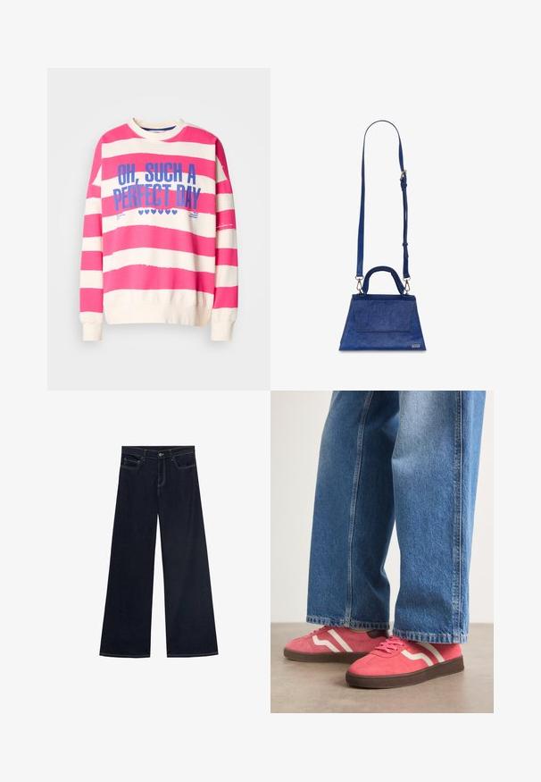 Sweatshirt cu dungi roz și albe, cu guler rotund, mâneci lungi și text albastru care spune "OH, CÂT DE PERFECTĂ E O ZI."Material moale din bumbac.; Blugi cu picior larg din denim albastru închis, cu cusături galbene, cinci buzunare și închidere cu nasture. Textură netedă, design casual.; Tenisi din nubuc roz cu dungi albe ondulate și talpă din cauciuc maro, asortați cu blugi din denim cu picioare largi de un albastru deschis.; Geantă de umăr din piele sintetică albastră, cu o formă triangulară, mânere de sus și curea de umăr ajustabilă. Dispune de o textură netedă și detalii cu clapetă frontală.