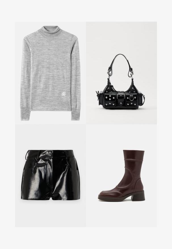 Szürke, garbós pulóver puha, texturált anyagból. Hosszú ujjakkal rendelkezik, és a hemnél egy kis fehér logó található.; Fekete, fényes sort szintetikus anyagból. Jellemzője a fitted derék, övhurkok és elülső zsebek jellegzetes varrási részletekkel.; MIISTA MALENE - Klasszikus bokacsizmák - brown; Fekete bőr kézitáska ívelt designnal, ezüst szegecsekkel, csattal és két oldalsó zsebbel. Állítható vállpánt a hordozási lehetőségekhez.
