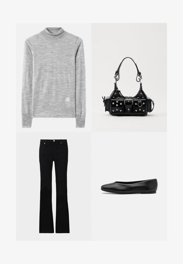 Maglione grigio a collo alto realizzato in un tessuto morbido e strutturato. Presenta maniche lunghe e un piccolo logo bianco vicino all'orlo.; Jeans neri svasati in denim, dotati di due tasche anteriori, chiusura con bottone e una texture liscia. Cuciture iconiche visibili nei punti di giuntura.; Paul Smith TOPANGA - Ballerine - black; Borsa a mano in pelle nera con design curvo, caratterizzata da borchie argentate, una fibbia e due tasche laterali. Tracolla regolabile per diverse opzioni di trasporto.