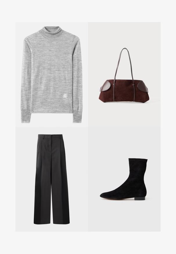 Grauer Rollkragensweater aus einem weichen, strukturierten Stoff. Mit langen Ärmeln und einem kleinen weißen Logo am Saum.; Schwarze, weit geschnittene Hose mit hoher Taille, versehen mit Frontfalten, einer glatten Textur und einem maßgeschneiderten Finish. Entworfen für eine lockere Passform.; Schwarze Wildleder-Ankelboots mit einem enganliegenden Schaft, spitzer Zehenform und niedrigem Blockabsatz. Glatte Textur und minimalistisches Design, geeignet für vielseitige Styles.; Braune Wildledertasche mit Lederakzenten, strukturiertem Design, doppelten Schulterriemen und abgerundeten Kanten, ausgestattet mit einer glatten Textur und minimalem Hardware.