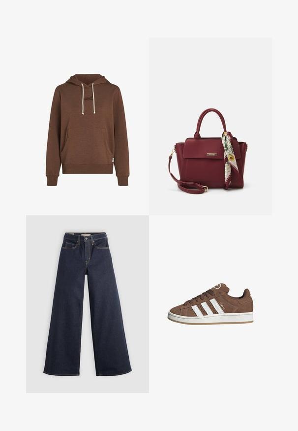 Hnědá mikina s kapucí vyrobená z měkké tkaniny. Obsahuje přední klokaní kapsu, smetanové šňůrky a vyšívané logo ve stejné barvě.; Bílá košile s dlouhým rukávem a knoflíkovým zapínáním, s špičatým límcem a nařasenými manžetami, vystavená na jednobarevném bílém pozadí.; Džínové kalhoty s širokými nohavicemi ve tmavě modré barvě s kontrastním prošíváním. Mají tradiční pětikapsový design a zapínání na knoflík v pase.; Hnědé semišové tenisky s bílými koženými pruhy, gumovou podrážkou, kulatou špičkou a šněrováním vpředu. Mají logo na jazyku a perforované detaily.; Burgundská kabelka vyrobená z umělého materiálu se strukturovaným designem, která má odnímatelný popruh a kroužek, na kterém je uvázaný šátek s květinovým vzorem.