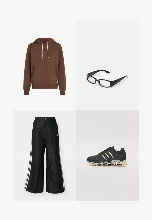 Bruine capuchontrui van zacht materiaal. Voorzien van een voorzak, crèmekleurige koorden en geborduurd logo in bijpassende kleur.; Zwarte denim broek met wijde pijpen, voorzien van drie witte strepen aan elke zijkant en een klein wit logo. Heeft voorzakken en een knoopsluiting.; Zwarte sportschoen met een gestructureerde bovenkant, drie zilveren strepen en een kenmerkende dempingszool met meerdere geïntegreerde secties.; Zwarte rechthoekige bril met heldere glazen. Glanzende afwerking, smalle veren en paarse tint zichtbaar aan de randen van de glazen.