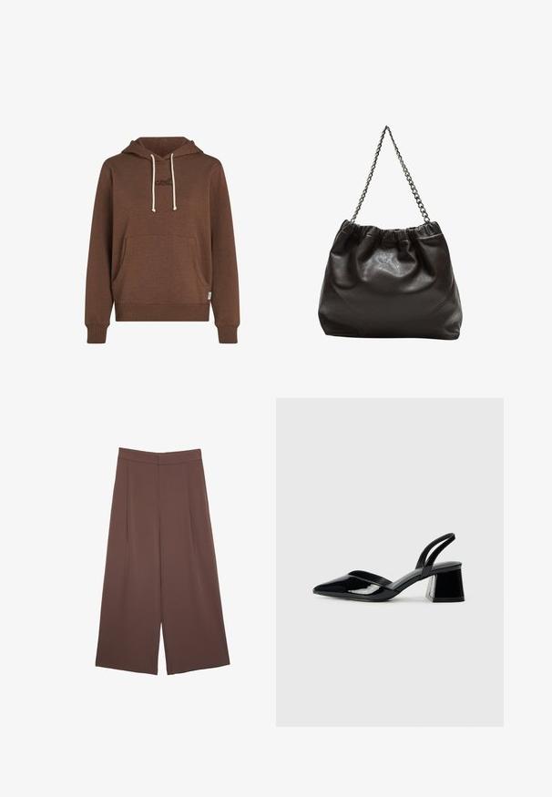 Ruskea huppari, joka on valmistettu pehmeästä kankaasta. Siinä on etupussitasku, kermanväriset nyörit ja brodeerattu brändäys yhteensopivassa värissä.; Ruskeat leveälahkeiset housut, joissa on sileä pinta, korkea vyötärö ja etupleat. Kangas on kevyttä ja laskeutuu väljänä.; Mustat patentoitu nahkakengät, joissa on säären takaosa ja terävä kärki, sekä geometrinen palikkakorko. Sisältää tyylikkään, minimalistisen muotoilun ja sileän pinnan.; Ruskea nahkainen laukku, jossa on kerätty yläosa ja ketjuhihna. Tasainen pinta, jossa kiiltävä viimeistely ja hienovaraiset sauman yksityiskohdat sivuilla.
