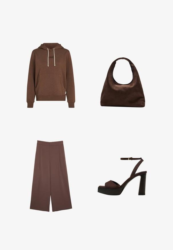 Felpa con cappuccio marrone realizzata in tessuto morbido. Presenta una tasca frontale a marsupio, lacci cremosi e un logo ricamato nello stesso colore.; Pantaloni ampi marroni con una texture liscia, caratterizzati da una vita alta e pieghe frontali. Il tessuto è leggero e scorre liberamente.; Sandal in camoscio marrone con tacco alto, punta aperta, cinturino alla caviglia regolabile e suola a piattaforma striata.; Borsa hobo di un morbido marrone con una sola tracolla larga e un'apertura a manico curvo, esposta su uno sfondo bianco.