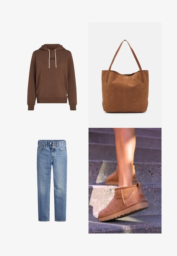 Brūns kapucēts džemperis, kas izgatavots no mīkstas auduma. Tam ir priekšējais kabatas maisiņš, krēmkrāsas šnīres un izšūta zīmola etiķete, kas ir saskaņota ar krāsu.; Gaiši zila džinsu bikses ar taisnu griezumu, piecu kabatu dizainu un poga aizdari. Iespējamas nelielas izbalēšanas un apelsīnu diegu akcenti.; Dzeltenbrūnas zamšādas potīšu zābaciņi ar mīkstu tekstūru, izšūtu apdari un gumijas zoli, kas aprīkoti ar cilpu uz papēža ērtai uzvilkšanai.; Brūns zamša tote somas ar divām garām rokturiem, ar gludu tekstūru, vienkāršu dizainu un bez redzamām aparatūrām vai akcentiem.