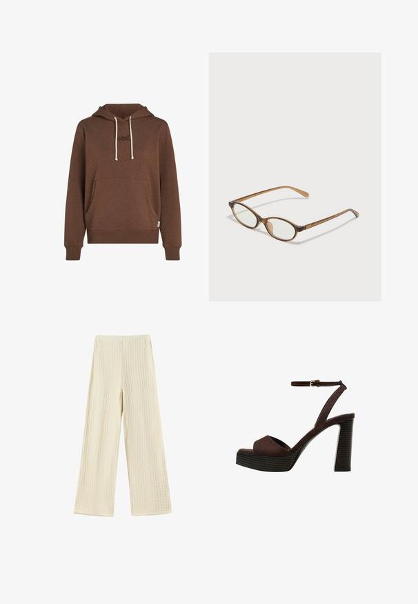 Brown hooded sweatshirt made of soft fabric. Features a front pouch pocket, cream drawstrings, and embroidered branding in matching color.; Wide-leg trousers in a textured, cream fabric. The design features a waffled pattern with a high waist and full-length legs.; Brown suede high-heeled sandal with an open toe, adjustable ankle strap, and a striped platform sole.; Brown tortoiseshell glasses with oval lenses, thin arms, and transparent accents. Features a subtle logo on the temple. Sleek, lightweight design.