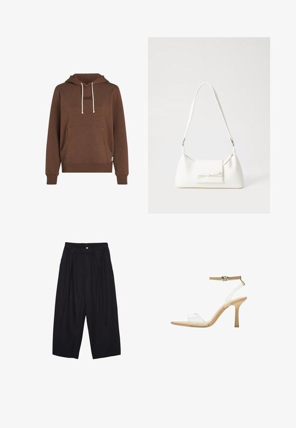 Sweat à capuche marron en tissu doux. Il possède une poche avant, un cordon crème et un logo brodé de la même couleur.; Pantalon culotte noir en polyester avec une taille élastique, deux plis avant et une silhouette ample. Pas de motifs visibles ni de détails matériels.; Sandale à talon transparent avec un supérieur transparent, semelle beige et une fine bride de cheville. Dispose d'un bout pointu et d'un fin talon haut.; Sac à main synthétique blanc en forme triangulaire, avec un rabat avant plat et un détail en nœud, une bandoulière ajustable, une texture lisse et un design minimaliste.