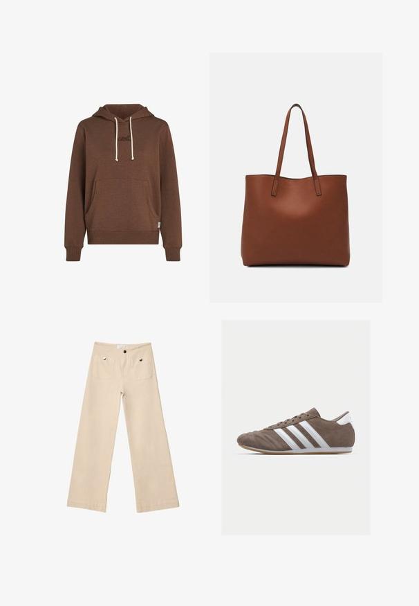 Svetilka z rjavim kapuco, izdelana iz mehkega materiala. Ima sprednji žep, smetanove vrvice in vezeno blagovno znamko v usklajeni barvi.; Bež hlače širokega kroja iz mehkega bombaža, z dvema sprednjima žepoma in srebrnimi elementi, ravno krojene in natančno dokončanimi robovi.; Rjav semafor športni copat z belimi črtami, okroglo nos, vezalni dizajn in gumijastim podplatom. Tekstura zgornjega dela s šivi.; Rjava usnjena torba z gladko teksturo, odprto zasnovo zgoraj in dvema naramnima trakovoma. Opremljena je z minimalnim šivanjem in brez vidnih kovinskih delov.