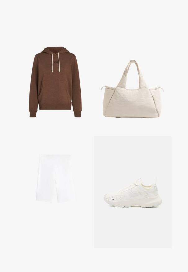 Bruine capuchontrui van zacht materiaal. Voorzien van een voorzak, crèmekleurige koorden en geborduurd logo in bijpassende kleur.; Witte fietsshorts van rekbaar materiaal, met een elastische tailleband en een glad, naadloos ontwerp. Midden boven de dijen lengte.; Witte sportieve schoen met een netstructuur bovenkant, ronde neus, opvallende zool en een klein zwart swoosh-logo. Lichtbeige accenten en veter.; Beige gevoerde schoudertas met twee handvatten, ronde vorm, textuurstof en een trekkoord zijvak. Gladde afwerking, minimalistisch ontwerp.