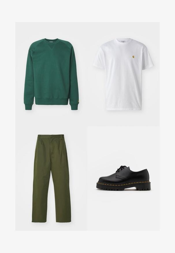 Green cotton sweatshirt with a crew neckline, raglan sleeves, ribbed cuffs, and a logo accent on the hem. Smooth texture and casual design.; White cotton t-shirt with short sleeves, crew neck, featuring a small gold logo on the left chest area. Soft texture and regular fit.; Olive green, high-waisted pants with a straight leg design. Made of a lightweight fabric, featuring front pleats and a button closure.; Black leather lace-up shoe with a rounded toe, textured rubber sole, and yellow stitching around the base. Flat design and smooth finish.