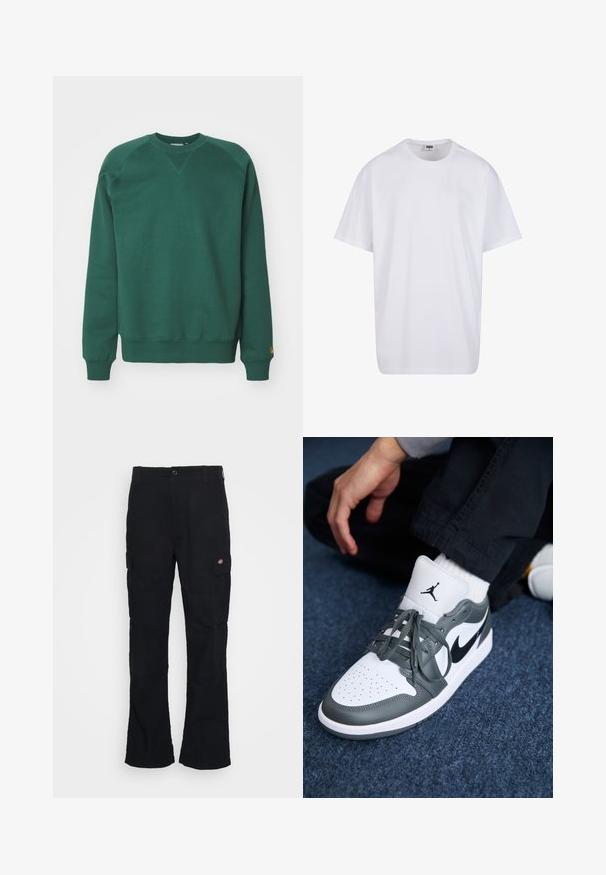 Groene katoenen sweatshirt met een ronde hals, raglanmouwen, geribbelde boorden en een logo-accent op de zoom. Glad textuur en casual ontwerp.; Witte katoenen t-shirt met korte mouwen, ronde hals, relaxte pasvorm en zonder zichtbare logo's of patronen. Gladde textuur en minimalistisch ontwerp.; Zwarte cargobroek met een rechte pijpdesign, gemaakt van duurzaam materiaal, voorzien van zijzakken en een patchlogo aan de linkerkant.; Nike Air Jordan 1 sneakers in wit en grijs leer, met een zwart logo, geperforeerde neus en platte grijze veters.