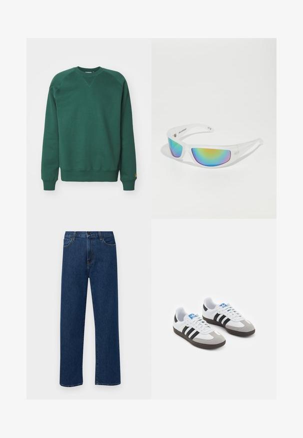 Sudadera de algodón verde con cuello redondo, mangas raglán, puños acanalados y un acento de logotipo en el dobladillo. Textura suave y diseño casual.; Jeans de denim de pierna recta en azul oscuro con bolsillos delanteros y cierre de botón, exhibidos sobre un fondo blanco liso.; Zapatillas deportivas con parte superior de piel blanca, puntera de ante gris y tres rayas negras. Presentan un logo azul en la lengüeta y una suela de goma texturizada.; Gafas de sol con un marco blanco transparente y lentes reflectantes multicolores. Presenta un diseño deportivo y una forma aerodinámica.