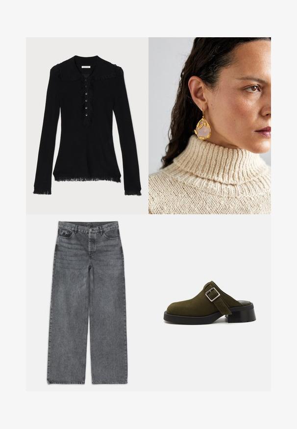 Black long-sleeve top with a collared neckline, featuring a frayed edge and button closure down the front. Soft, textured fabric.; Wide-leg jeans in dark gray denim. Features a high waist, five-pocket design, and front button closure. Smooth texture with subtle fading.; Olive green suede mule with a low, chunky black heel. Features a side strap with a silver buckle for adjustment. Smooth texture overall.; Gold-tone earrings feature a leaf design with a teardrop-shaped rose quartz stone. Worn with a cream ribbed turtleneck sweater.