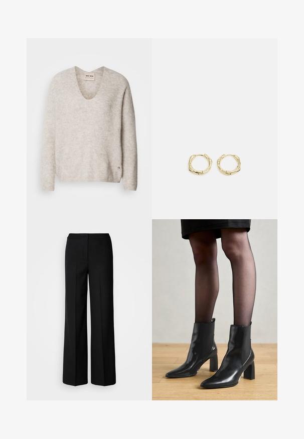 Vaaleanbeige neule, jossa on V-pääntie, pitkät hihat ja hieman teksturoitu kangas. Sivussa on pieni logoakseli.; Mustat leveät housut, joissa on sileä kangas, korkea vyötärö, muotoillut saumat ja minimalistinen muotoilu. Ei näkyvää varustusta tai taskuja.; Mustat nahkasaappaat nilkkamittaisella varrella, terävässä kärjessä, paksussa neliömassassa ja tyylikkäässä muotoilussa. Varustettu joustavilla sivupaneeleilla, jotka helpottavat pukemista.; Kultaiset renkaat, joissa on teksturoitu, epäsäännöllinen muoto. Varustettu saumattomalla suljinnalla ja kiillotetulla pinnalla, mikä korostaa modernia muotoilua.