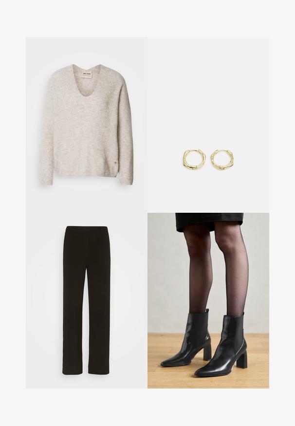 Helebeežikas sviiter V-kaelusega, pikad varrukad ja kergelt tekstureeritud kangas. Küljel on väike logoaktsent.; Mustad, sirged jalad, mis on valmistatud kootud kangast, millel on lame esiosa, kaks külgtaskut ja sile tekstuur. Ilma nähtavate mustrite või aktsentideta.; Mustad mustad jalanõud terava ninaga, paksu ruudukujulise kontsaga ja saleda disainiga. Omavad elastseid külgpaneele mugavaks selga tõmbamiseks.; Kuldsete rõngaskõrvarõngaste tekstuuriga, ebakorrapärane kuju. Omab sujuvat lukustust ja poleeritud pinnatöötlust, rõhutades kaasaegset disaini.