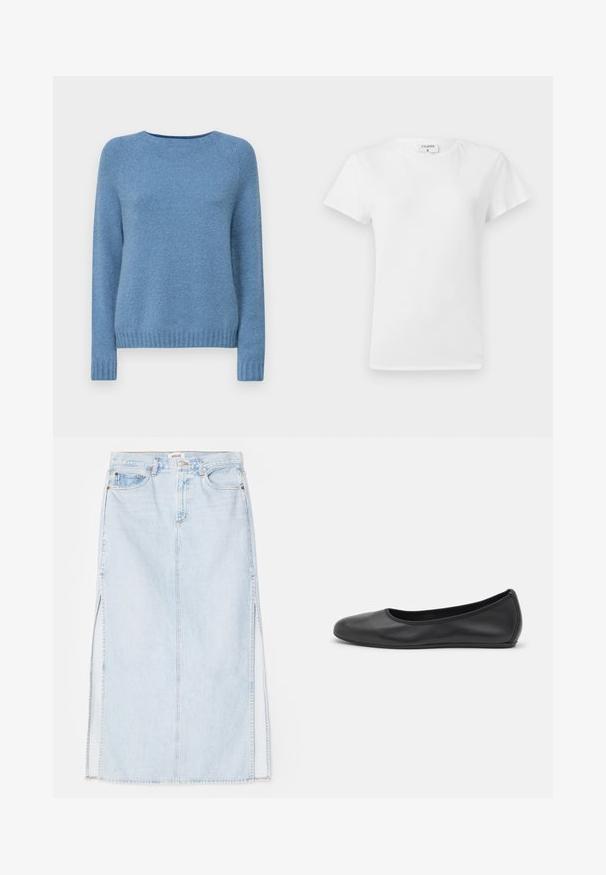 Weekend Max Mara GHIACCI - Strikkegenser - azzurro; Hvit bomull T-skjorte med rund hals og korte ermer, med en avslappet passform og minimalistisk design. Merke synlig ved nakken.; Lys blå denim maxi skjørt med rett snitt, med sidespalter og fem-lommers design. Fremtredende søm og metallknapplukking.; Svart skinnballettflatt med rund tå, glatt tekstur, minimal sømdetalj, og et fleksibelt såledesign.
