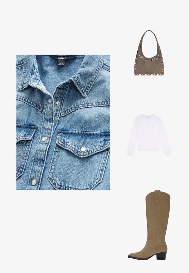 Hvid sweatshirt med lange ærmer, rund hals, ribbede manchetter og kant, der har et lille guldgrafik på venstre bryst, lavet af blødt stof.; Lys blå denim skjorte med to frontlommer, trykknapper og spidse krave. Struktureret stof med synlige sømdetaljer.; Knæhøje, lysebrune ruskindsstøvler med spids tå, stablet hæl og syningsdetaljer langs siderne. Glat tekstur og struktureret design.; PULL&BEAR SHOPPER - Shopping bags - grey