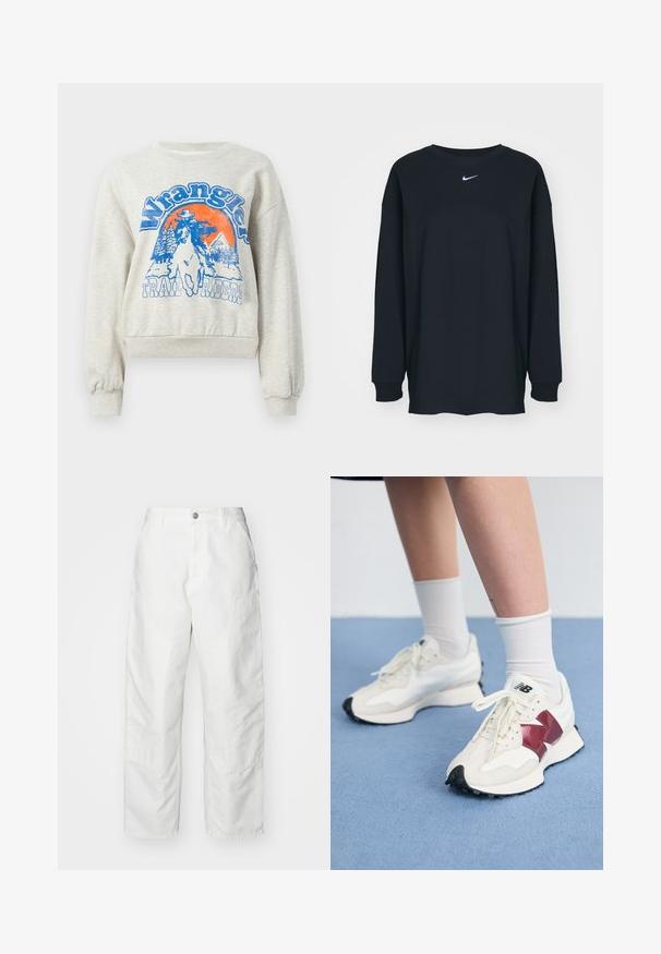 Heled hall sweatshirt, mille ümar kaelus ja sooniku mansetid. Kujundusel on sinine ja oranž graafika, kus on cowboy hobusel ja puud.; Must have pikkade varrukatega must T-särk, mis on valmistatud puuvillast ja millel on ümar kaelus. Rinnal on valge Nike logo. Pehme tekstuur, lihtne disain.; Valged teksapüksid, millel on lõdvema lõikega, küljetaskud ja silmapaistvad õmblused. Ees on ühtlane, nööbiga sulgemine.; Valge tenniste paar marooni aktsentide, tekstuuriliste paneelide, lame musta tallaga ja heleda nööriga, kantud valgete pahkl sockidega.