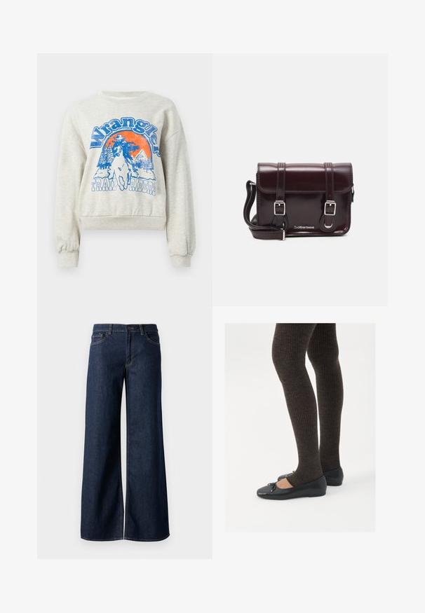 Světle šedý svetr s kulatým výstřihem a žebrovanými manžetami. Obsahuje modro-oranžovou grafiku kovboje na koni a stromy.; Džínsy s širokými nohavicemi v tmavě modré barvě. Mají kontrastní švy, pět kapes a zapínání na knoflík v pase. Hladká textura.; Černé ploché boty s malou mašlí na špičce, kombinované s tmavě hnědými žebrovanými punčochami. Boty mají hladký povrch a nízký profil.; Burgundská lakovaná křížová taška obdélníkového tvaru, se dvěma popruhy, stříbrnými kovovými doplňky a klopovým uzávěrem.