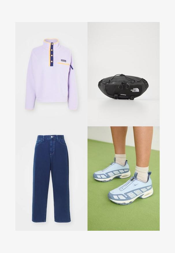 Svetlo violetten flis pulover z visokim ovratnikom, sprednjimi gumbi in žepom na zadrgo. Ima mornarsko modre in rumene detajle. Texturirana površina.; Temno modri široki kavbojke iz bombažnega materiala, s visokim pasom, sprednjimi žepi in kontrastnim šivom.; Svetlo modre športne čevlje z belimi poudarki, teksturiranimi paneli in zadrgo. Vključujejo vidno zračno oblazinjenje v podplatu in gumijast podplat.; The North Face TERRA LUMBAR 3L UNISEX - Torbica za okoli pasu - asphalt grey/black