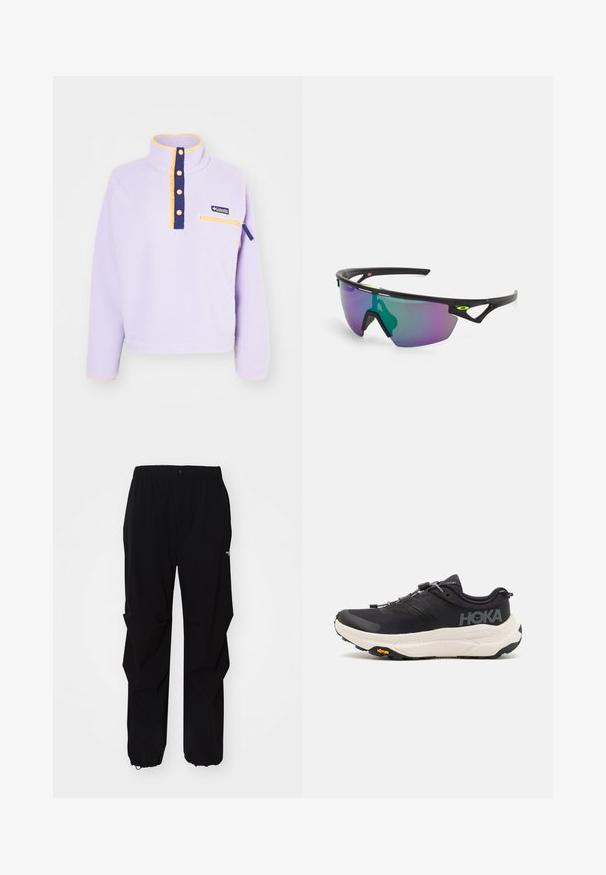 Pullover de fleece lilás claro com colarinho alto, botões frontais e um bolso com fecho éclair. Apresenta detalhes em azul-marinho e amarelo. Superfície texturizada.; Calças exteriores pretas feitas de material durável, com um ajuste relaxado, cintura elástica e punhos ajustáveis para comprimento personalizável.; Ténis de desporto pretos com um cabedal em malha respirável, sola de borracha, entressola branca com amortecimento e atacadores refletivos. Logótipo Vibram na sola.; Óculos de sol desportivos com uma armação preta, lentes grandes em degrade com tons de roxo e verde, e detalhes em design angular com logótipo.
