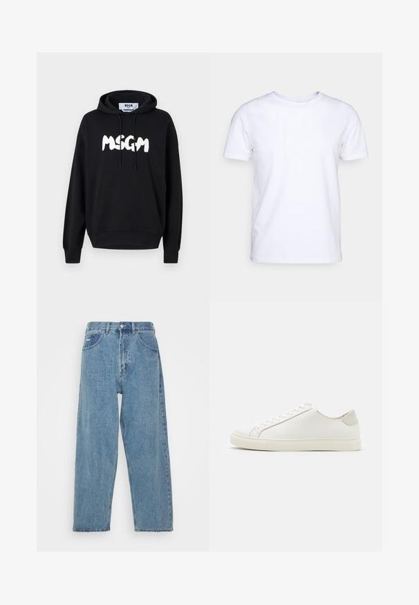 Felpa nera in cotone con tasca frontale, lacci regolabili e grande logo bianco "MSGM" sul petto. Tessuto morbido.; T-shirt bianca a maniche corte in cotone con scollatura rotonda. Design semplice senza fantasie o accenti. Texture liscia.; Jeans in denim azzurro chiaro con vita alta e vestibilità rilassata, dotati di due tasche frontali, una tasca a toppa sul retro e chiusura con bottone.; Sneaker bianca in pelle con superficie liscia, punta rotonda e design minimalista. Presenta dettagli beige sul tallone e una suola in gomma.