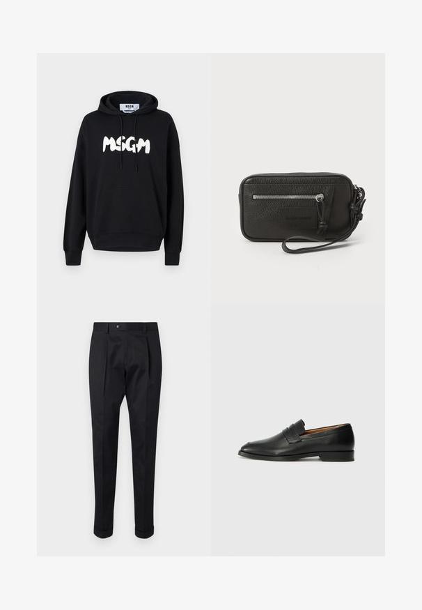 Hanorac negru din bumbac, cu o buzunar frontal, sireturi ajustabile și un logo mare alb "MSGM" pe piept. Textură moale.; Pantaloni negri dintr-un material neted, cu o pliță în față, închidere cu nasture și manșete răsucite la gleznă.; Lofer din piele neagră, cu vârf rotund, detalii cusute subtile și toc jos, având o textură netedă și un design minimalist.; Plică din piele neagră cu suprafață texturată, buzunar frontal cu fermoar și curea pentru încheietura mâinii detasabilă. Dispune de un patch cu logo pe față. Formă rectangulară.
