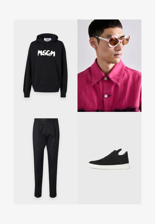 Črna bombažna kapuca z sprednjim žepom, nastavljivimi vrvicami in velikim belim logotipom "MSGM" na prsih. Mehka tekstura.; Črne hlače iz gladkega materiala, z zavihkom spredaj, gumbom za zapiranje in zvitim robom ob gležnjih.; Črne semiš športne copate z belo gumijasto podplatom, ki imajo toneče šive in vezalni dizajn. Gladka tekstura z modernim, poenoteno oblikovano silhueto.; Bela in roza oversize sončna očala s ukrivljenim okvirjem, ki imajo rjave leče. Model nosi roza denimsko jakno s ovratnikom.