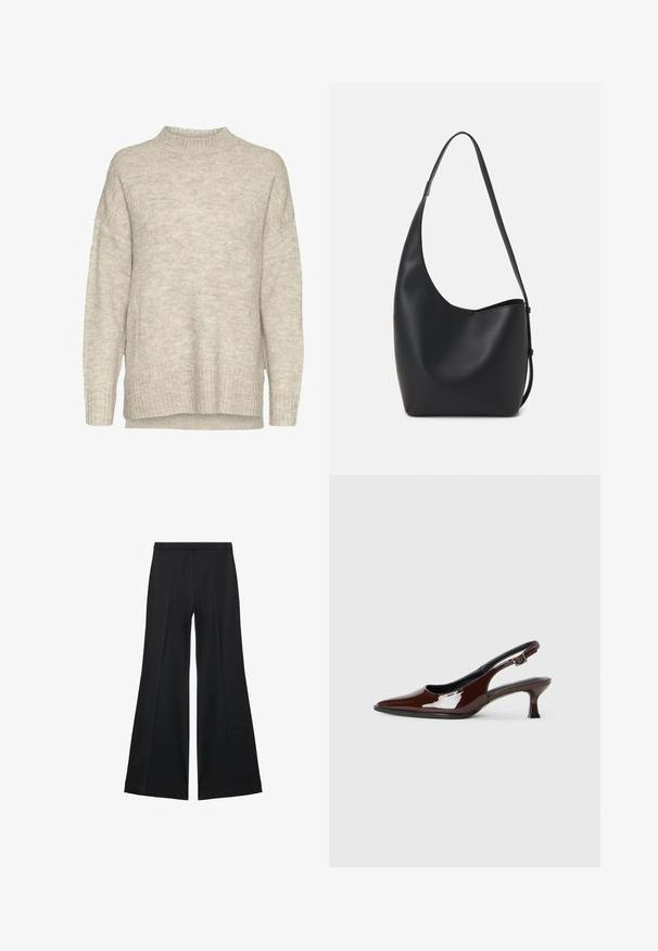 Maglione a maglia beige chiaro con collo alto, spalle scese, polsini e orlo a coste. Il tessuto presenta una finitura morbida e texture.; Pantaloni neri a gamba larga con una texture liscia, caratterizzati da pieghe frontali e un design sartoriale. Il tessuto è leggero e fluido.; Scarpa slingback in pelle verniciata marrone con punta affusolata e tacco moderato. Presenta una fascia con fibbia per una calzata sicura. Tessuto liscio.; Borsa hobo nera in pelle con una superficie liscia, forma curvata e una singola tracolla regolabile; presenta un'ampia apertura nella parte superiore.