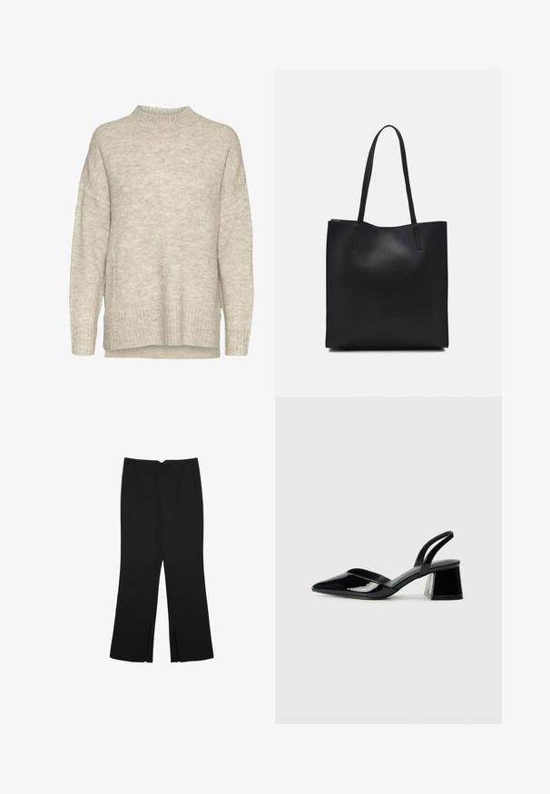 Helle beige Strickjacke mit einem hohen Kragen, fallenden Schultern, gerippten Bündchen und Saum. Der Stoff hat eine weiche, strukturierte Oberfläche.; Schwarze Hose mit geradem Schnitt, ausgestattet mit Fronttaschen und Seitenschlitzen am Saum. Hergestellt aus weichem, glattem Stoff. Geeignet für verschiedene Anlässe.; Schwarze Lackleder-Slingback-High Heels mit spitzem Schuh und einem geometrischen Blockabsatz. Verfügt über ein schlankes, minimalistisches Design und eine glatte Textur.; Schwarze Laptoptasche aus Leder mit glatter Textur, rechteckiger Form und zwei langen Griffen. Keine sichtbaren Beschläge oder Verzierungen.
